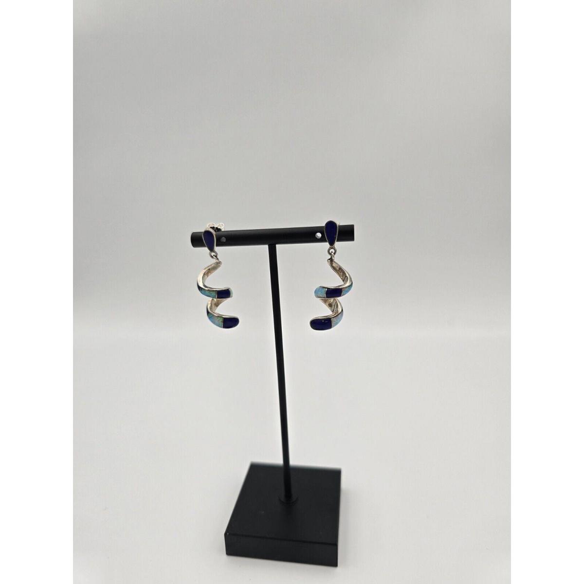 Sterling Silver Lapis/Opal Inlay Spiral Dangle Earrings